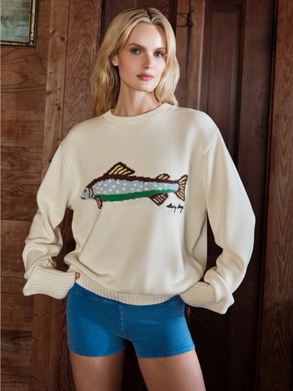 Cream Crewneck Sweater with Fish Intarsia - Picture 2 of 3